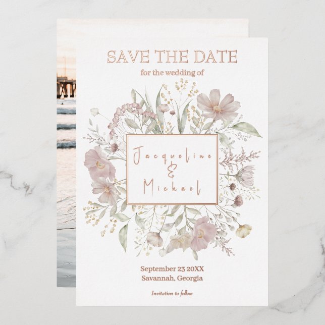 Elegant Floral Wildflower Gold Rose Save The Date (Front/Back)