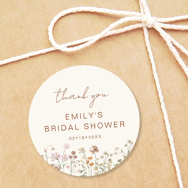 Elegant Floral Wildflower Thank You Bridal Shower Classic Round Sticker (Creator Uploaded)