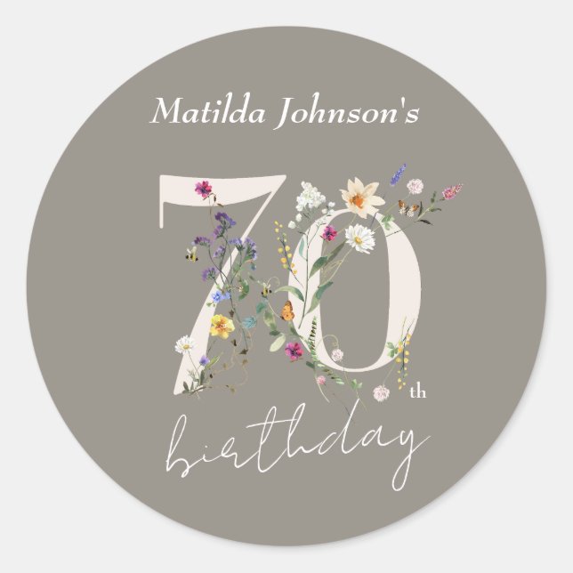 Elegant Floral Wildflowers 70th Birthday Party Classic Round Sticker (Front)
