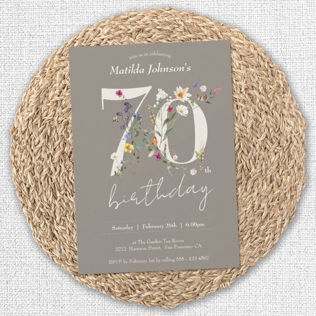 Elegant Floral Wildflowers 70th Birthday Party Invitation (70th Birthday Wildflowers Elegant Floral Invitation)