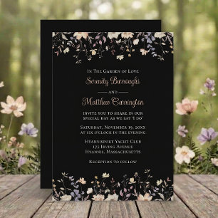 Elegant Floral Wildflowers Black Boho Wedding Invitation