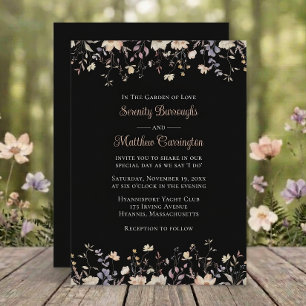Elegant Floral Wildflowers Black Boho Wedding Invitation