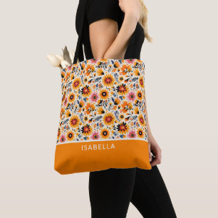 Elegant Floral Wildflowers Personalise Monogram Tote Bag