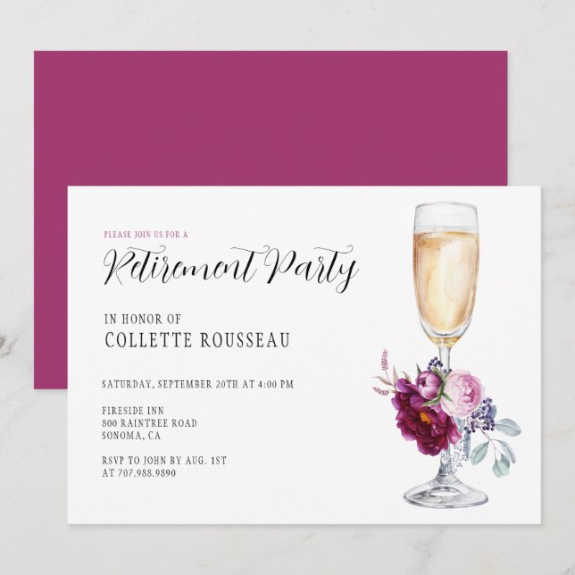 Elegant Floral Wine Glass Retirement Party Invitat Invitation (Front/Back)
