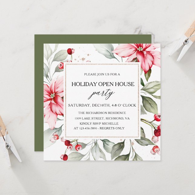 Elegant Floral Winter Holiday Open House square Invitation (Front/Back In Situ)
