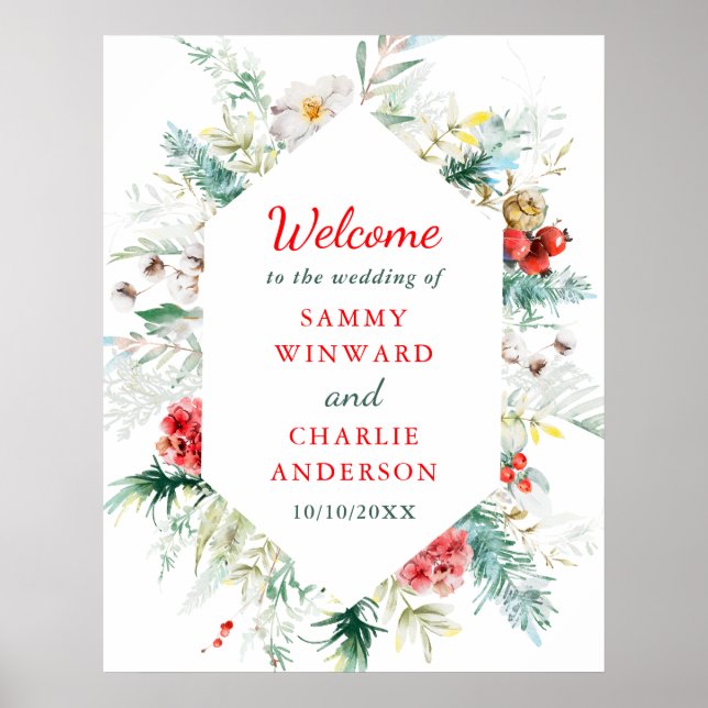 Elegant Floral Winter Wedding Welcome Sign (Front)