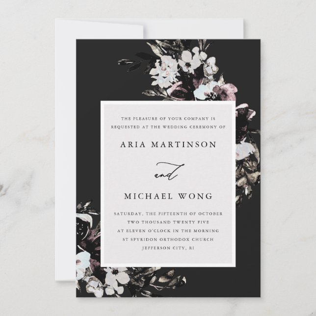 Elegant Floral with Dramatic Black Leaves Wedding Invitation (Front)