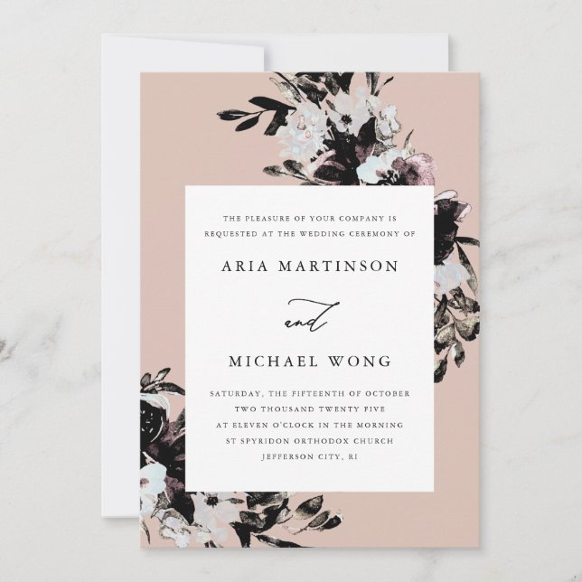 Elegant Floral with Dramatic Black Leaves Wedding Invitation (Front)