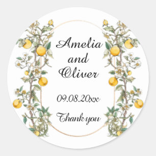 Elegant Floral with Lemons Wedding Classic Round Sticker