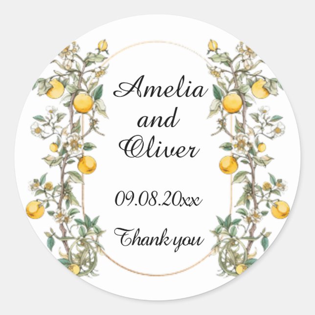 Elegant Floral with Lemons Wedding Classic Round Sticker (Front)
