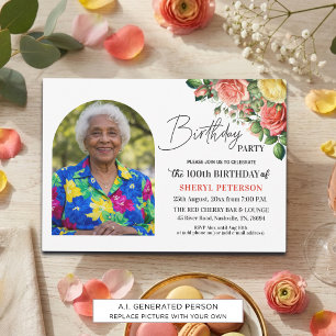 Elegant Floral with Photo 100th Birthday Party Invitation