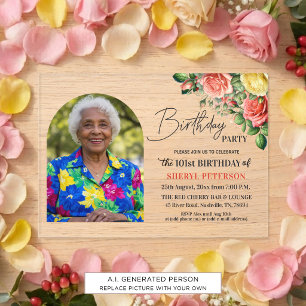 Elegant Floral with Photo 101st Birthday Party Acrylic Invitations
