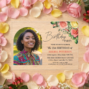 Elegant Floral with Photo 21st Birthday Party  Acrylic Invitations
