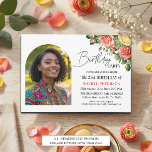 Elegant Floral with Photo 21st Birthday Party Invitation