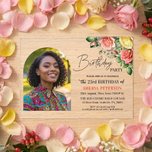 Elegant Floral with Photo 23rd Birthday Party  Acrylic Invitations
