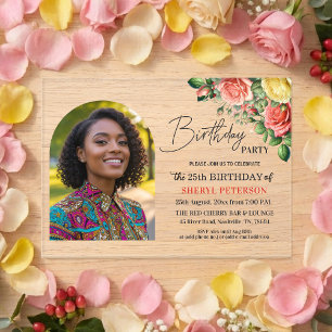 Elegant Floral with Photo 25th Birthday Party  Acrylic Invitations