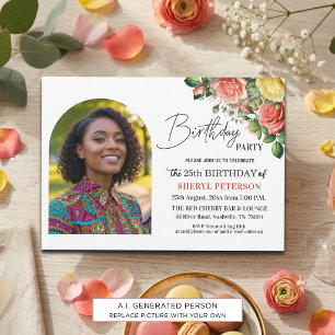 Elegant Floral with Photo 25th Birthday Party Invitation