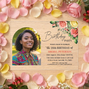 Elegant Floral with Photo 26th Birthday Party Acrylic Invitations