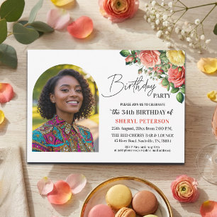 Elegant Floral with Photo 34th Birthday Party  Invitation