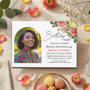 Elegant Floral with Photo 35th Birthday Party Invitation
