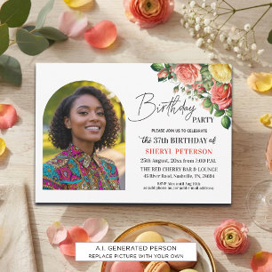 Elegant Floral with Photo 37th Birthday Party Invitation