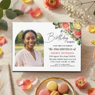 Elegant Floral with Photo 39th Birthday Party  Invitation
