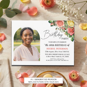 Elegant Floral with Photo 40th Birthday Party Invitation