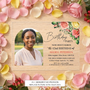 Elegant Floral with Photo 42nd Birthday Party  Acrylic Invitations