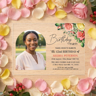 Elegant Floral with Photo 42nd Birthday Party  Acrylic Invitations