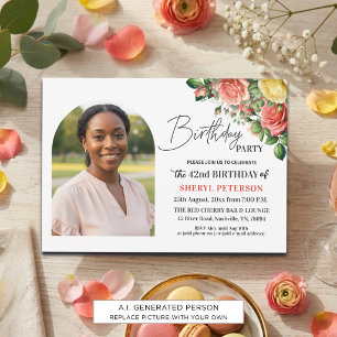 Elegant Floral with Photo 42nd Birthday Party  Invitation