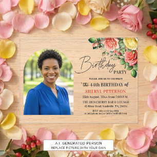 Elegant Floral with Photo 44th Birthday Party Acrylic Invitations