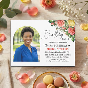 Elegant Floral with Photo 45th Birthday Party  Invitation