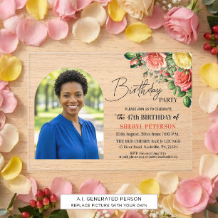 Elegant Floral with Photo 47th Birthday Party Acrylic Invitations
