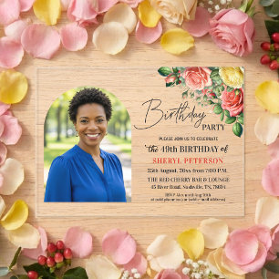 Elegant Floral with Photo 49th Birthday Party Acrylic Invitations