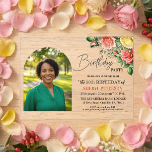 Elegant Floral with Photo 50th Birthday Party  Acrylic Invitations