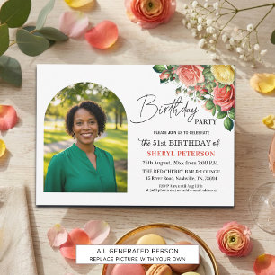 Elegant Floral with Photo 51st Birthday Party Invitation