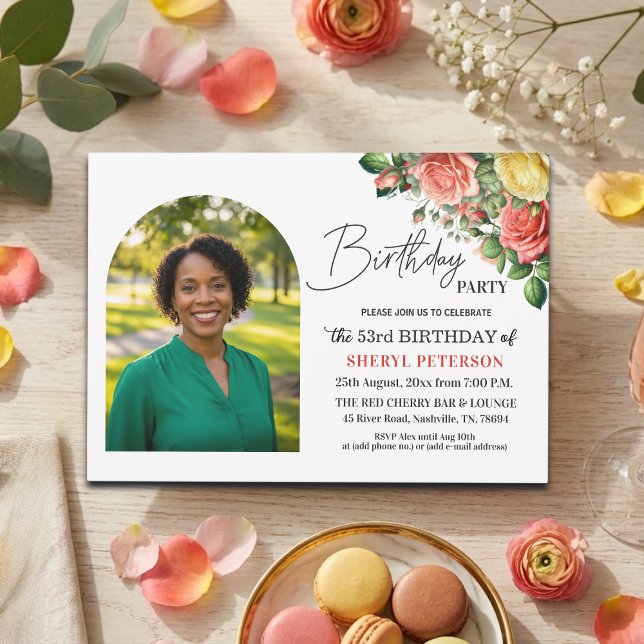 Elegant Floral with Photo 53rd Birthday Party  Invitation (Creator Uploaded)