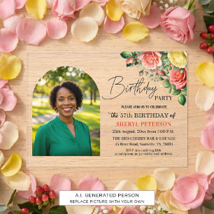 Elegant Floral with Photo 57th Birthday Party  Acrylic Invitations
