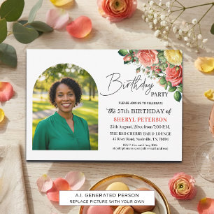 Elegant Floral with Photo 57th Birthday Party  Invitation