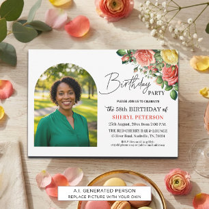 Elegant Floral with Photo 58th Birthday Party Invitation