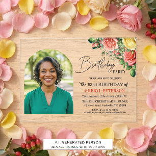 Elegant Floral with Photo 63rd Birthday Party Acrylic Invitations