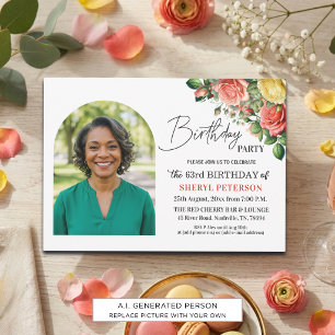Elegant Floral with Photo 63rd Birthday Party Invitation