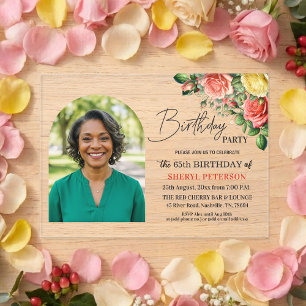 Elegant Floral with Photo 65th Birthday Party  Acrylic Invitations