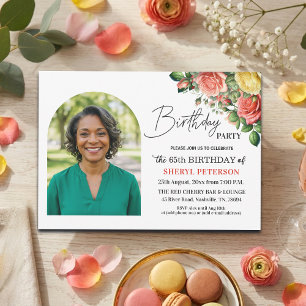 Elegant Floral with Photo 65th Birthday Party  Invitation