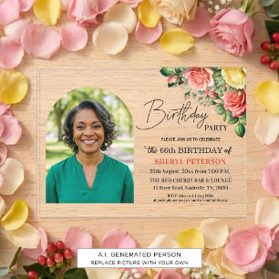 Elegant Floral with Photo 66th Birthday Party Acrylic Invitations