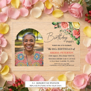 Elegant Floral with Photo 69th Birthday Party Acrylic Invitations