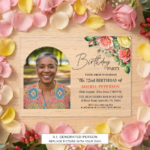 Elegant Floral with Photo 72nd Birthday Party Acrylic Invitations