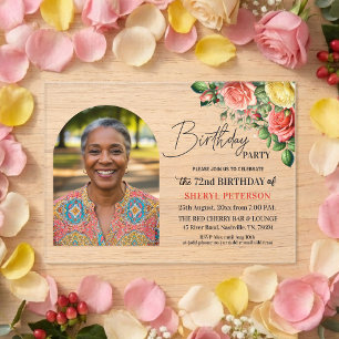 Elegant Floral with Photo 72nd Birthday Party  Acrylic Invitations