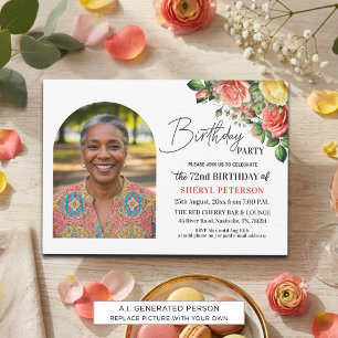 Elegant Floral with Photo 72nd Birthday Party Invitation