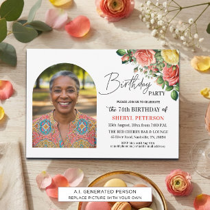 Elegant Floral with Photo 74th Birthday Party Invitation
